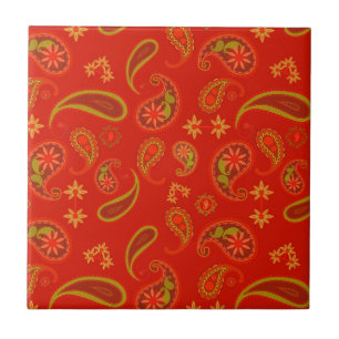 Chili Pepper Red and Lime Green Paisley Pattern Fliese
