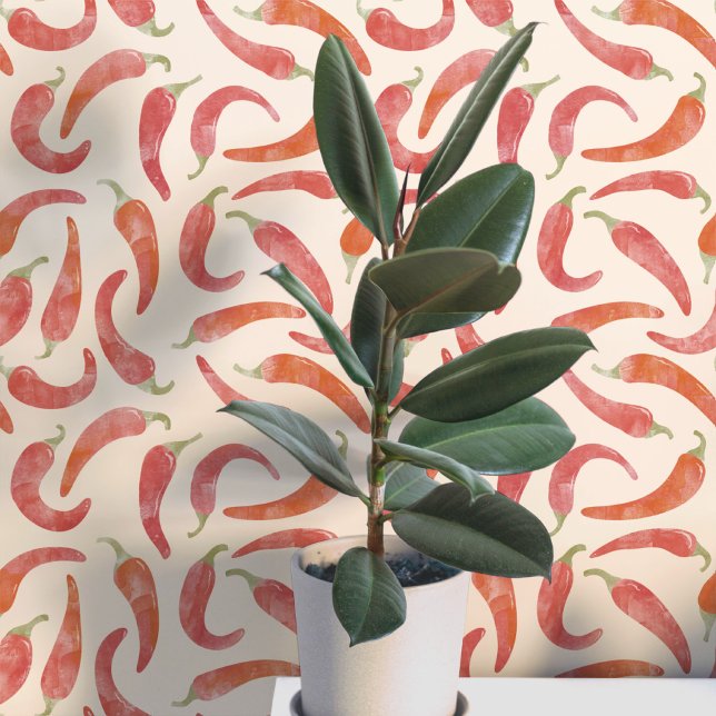 Chili Pepper Red Creme Tapete (Hot and spicy red chili pepper watercolor pattern art wallpaper)
