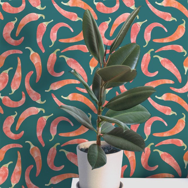 Chili Pepper Red Dark Tapete (Hot and spicy watercolor red chili peppers on a dark teal green background. Peel and stick wallpaper)