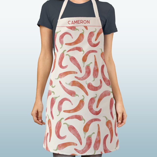 Chili Pepper Rote Creme Wasserfarbe Personalisiert Schürze (Personalized custom name red chili pepper hot and spicy apron for cook, chef, cafe, restaurant)