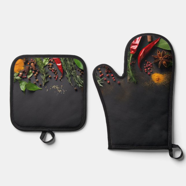 Chilis und Gewürze Ofenhandschuh & Topflappen-Set (Vorderseite)