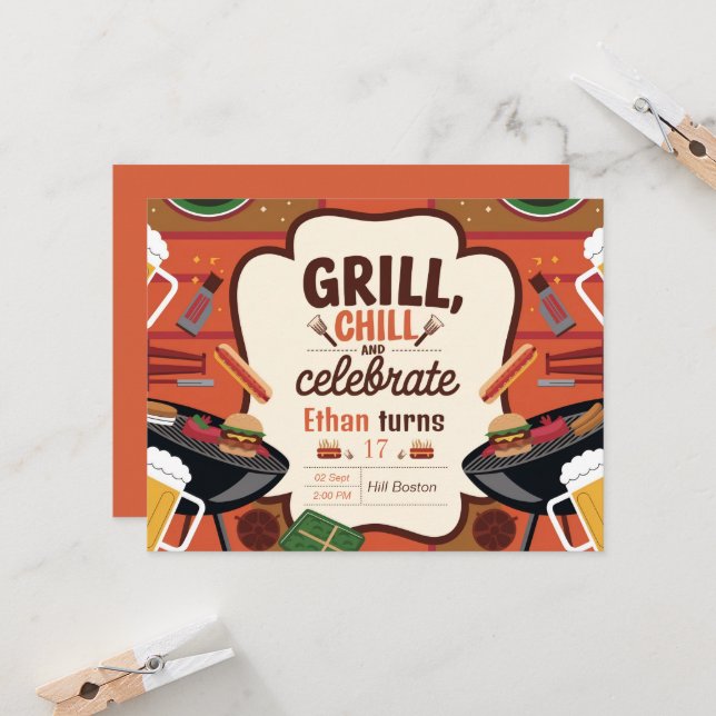 Chill Grill und Bier Einladungskarte zum Geburtsta (Vorderseite/Rückseite Beispiel)