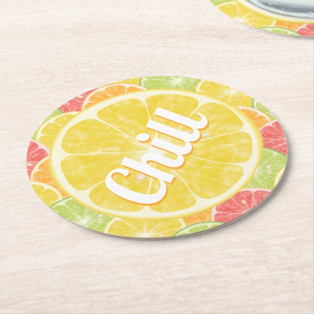 Chill Lemon Citrus Slices Runder Pappuntersetzer (Angewinkelt)