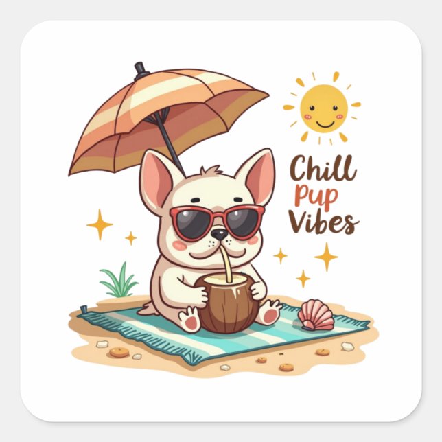 Chill Pup Vibes Kawaii Bulldog Beach Quadratischer Aufkleber (Vorderseite)