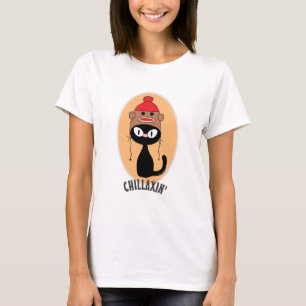 CHILLAXIN' Schwarze Cartoon-Katze mit Sockenaffen- T-Shirt