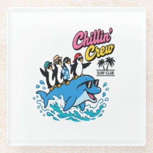 Chillin Crew Surf Club Pinguin Delfin T-Shirt Glasuntersetzer