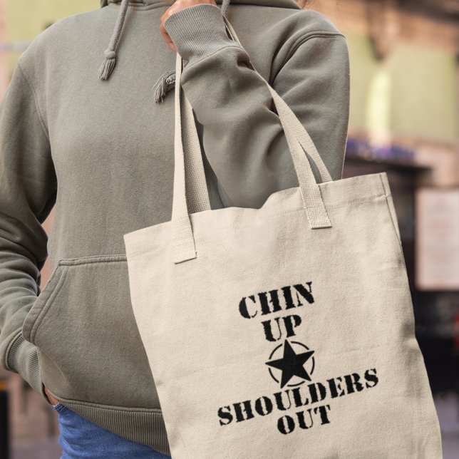 Chin Up Shoulls aus lustigen Inspiration Geschenke Tragetasche (Add a touch of positivity to your day - get your 'Chin Up, Shoulders Out' tote bag now!





)