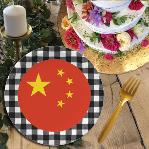 China, Büffel, karierte und chinesische Flagge Pappteller