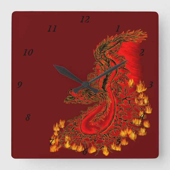 China Drachenrot und Golddesign Quadratische Wanduhr (Vorderseite)