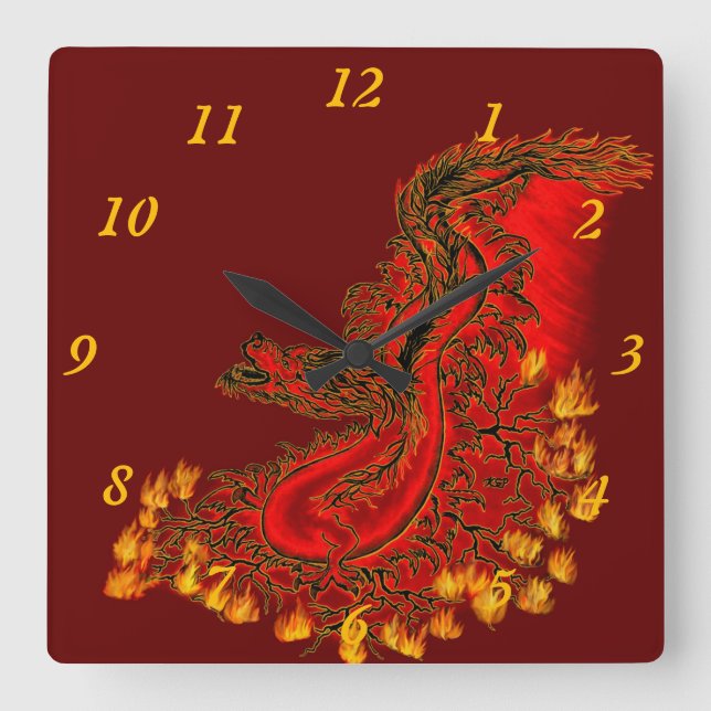 China Dragon rot und gold Quadratische Wanduhr (Vorderseite)