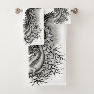 China Dragon, Schwarzweiß-Design in Tattoostyl Badhandtuch Set
