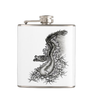 China Dragon, Schwarzweiß-Design in Tattoostyl Flachmann