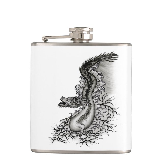 China Dragon, Schwarzweiß-Design in Tattoostyl Flachmann (Vorderseite)