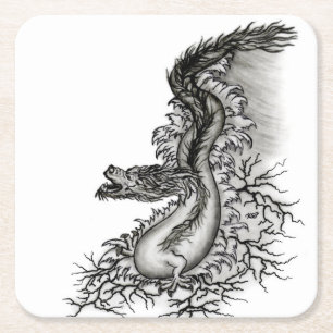 China Dragon, Schwarzweiß-Design in Tattoostyl Rechteckiger Pappuntersetzer