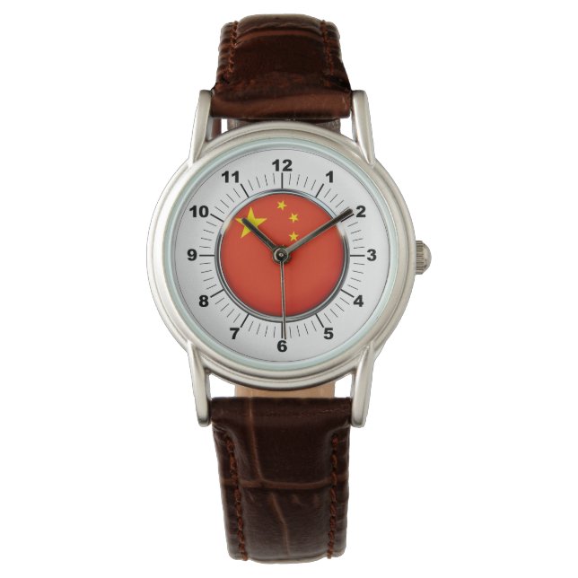 China-Flag Klassische braune Lederuhr Armbanduhr (Vorderseite)
