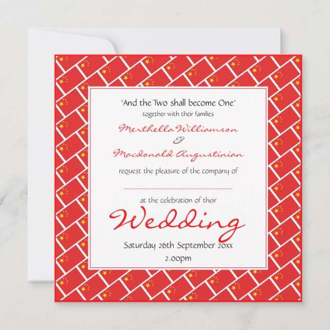 CHINA FLAG Personalisierte Hochzeit 婚 礼 Feier Einladung (Vorderseite)