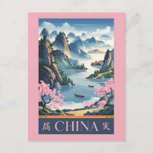 China Illustration Rosa Reise Kunst Vintag Postkarte