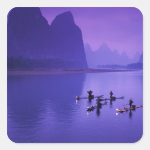 China, Li-Fluss. Kormoran-Fischer. Quadratischer Aufkleber