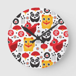 China lucky cat, dragon, and panda runde wanduhr