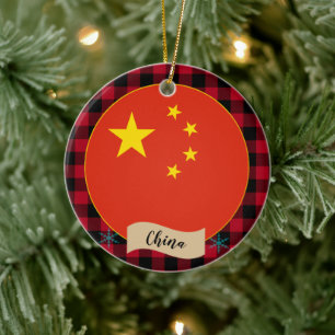 China, Roter Büffel, karierte und chinesische Flag Keramik Ornament