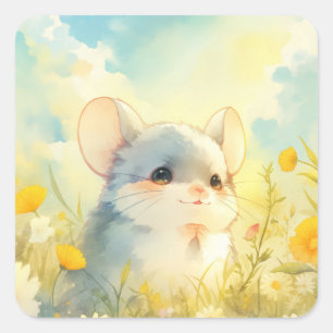 Chinchilla Freudiger Blick auf Wildblumen Quadratischer Aufkleber