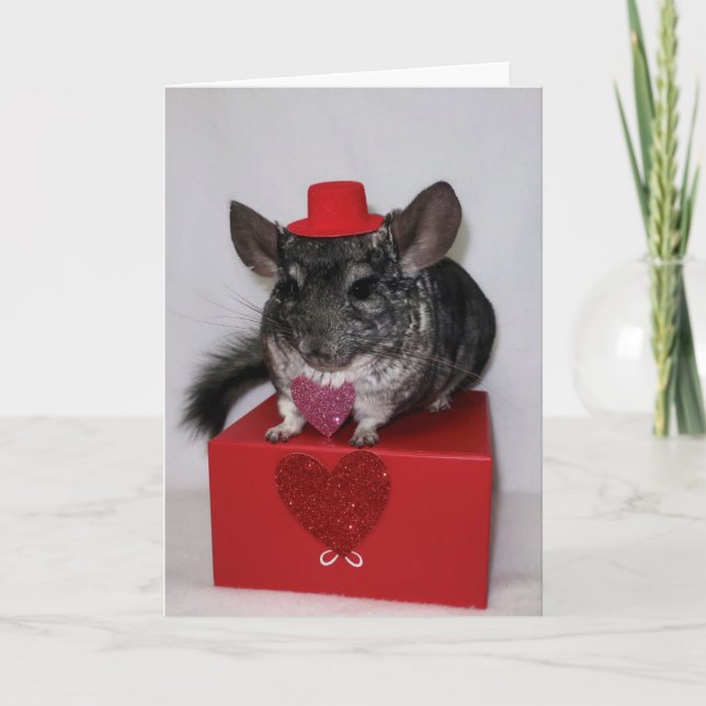 Chinchilla mit rotem Oberhut und Herzkarte Karte (Vorderseite)