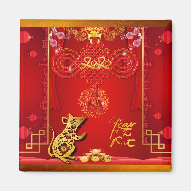 Chine Rat de noeud rouge Année 2020 Carré Magnet (Devant)