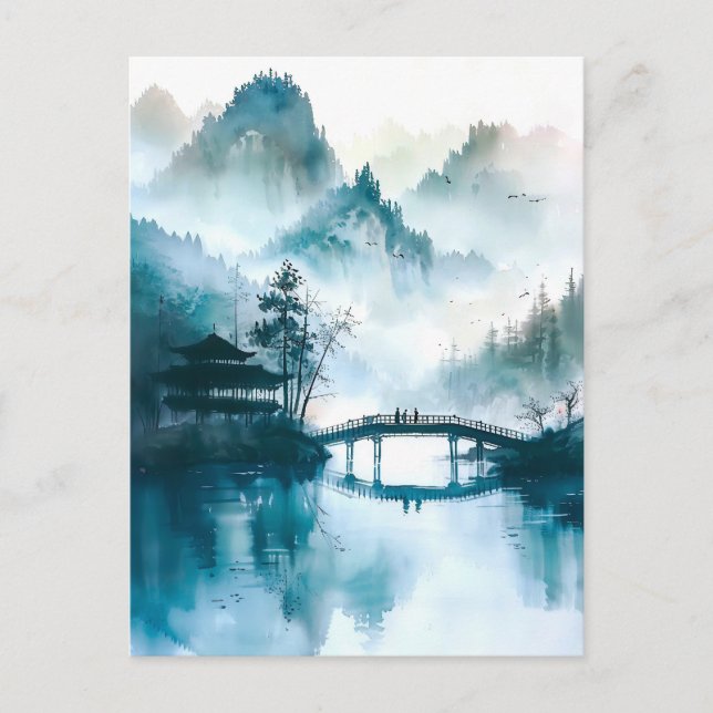 Chinese Bridge in Watercolor at mountain landscape Postkarte (Vorderseite)