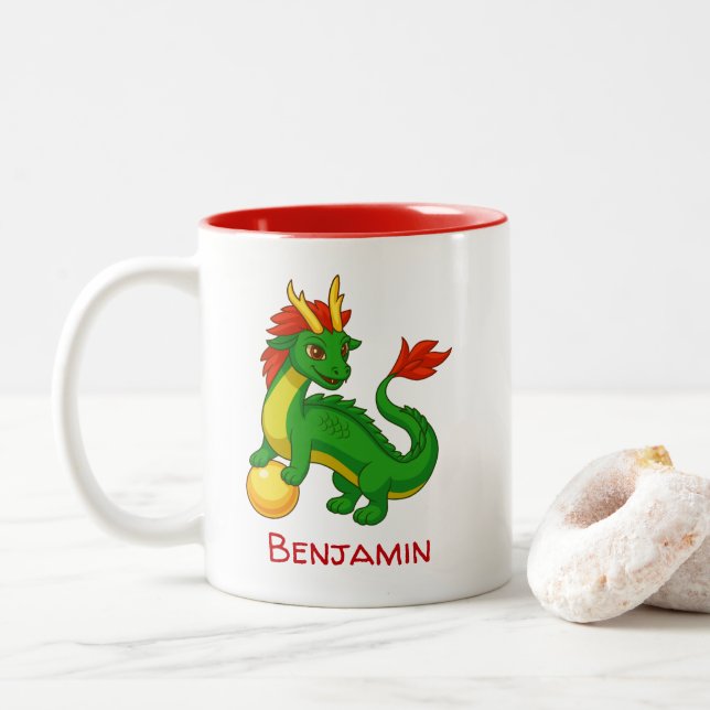 Chinese Green Dragon Custom Name Zweifarbige Tasse (Mit Donut)