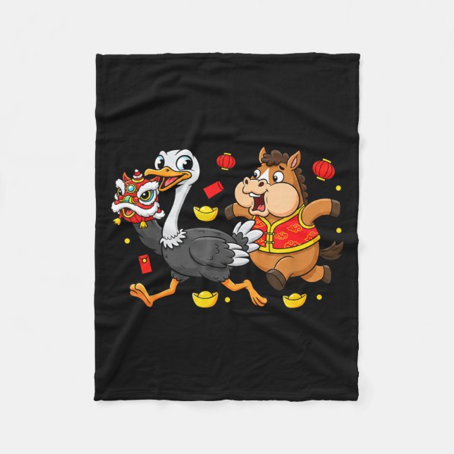 Chinese Horse Ostrich Funny Kids Mens Womens Happy Fleecedecke (Vorderseite)