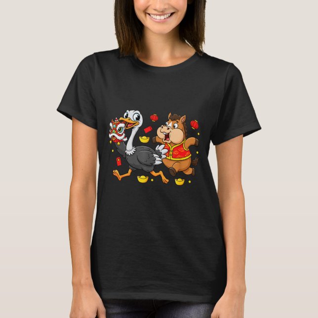 Chinese Horse Ostrich Funny Kids Mens Womens Happy T-Shirt (Vorderseite)