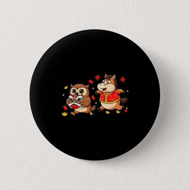 Chinese Horse Owl Funny Kids Mens Womens Happy New Button (Vorderseite)