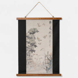 Chinese Ink and Color Painting Cat and Butterfly  Wandteppich Mit Holzrahmen