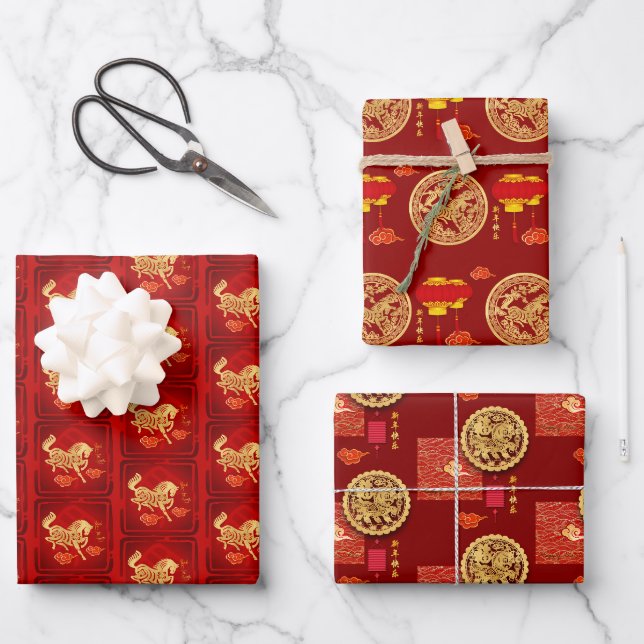 Chinese Lunar New Year Horse 2026 3WpS2 Geschenkpapier Set (Vorderseite)