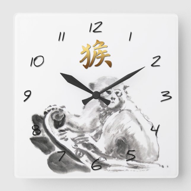 Chinese Monkey Year Zodiac Gold Symbol Wall Clock Quadratische Wanduhr (Vorderseite)