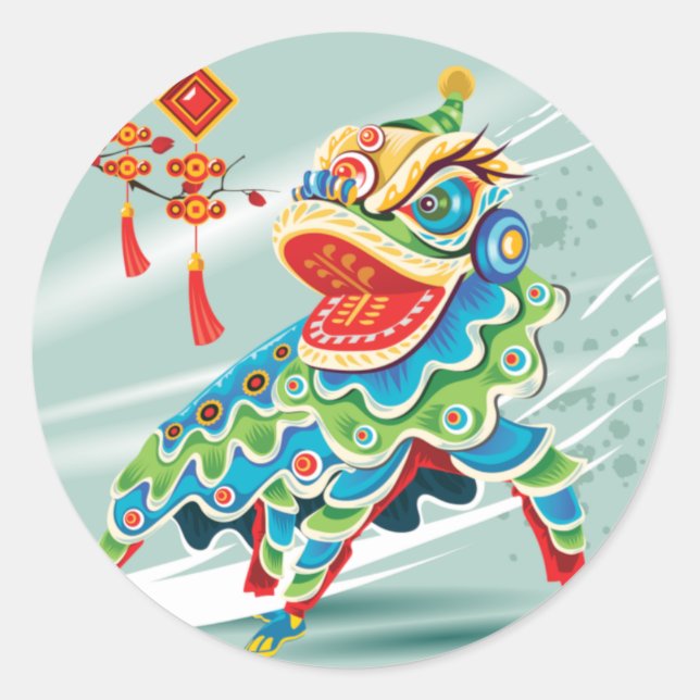 Chinese New Year Blue Lion Dancer Runder Aufkleber (Vorderseite)