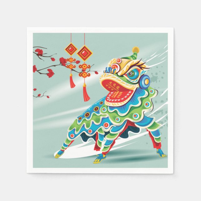 Chinese New Year Blue Lion Dancer Serviette (Vorderseite)