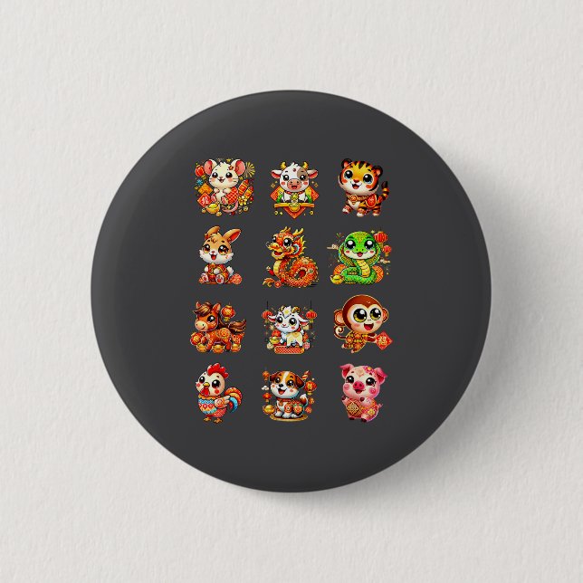 Chinese New Year Cute 12 Zodiac Animal Signs Lunar Button (Vorderseite)