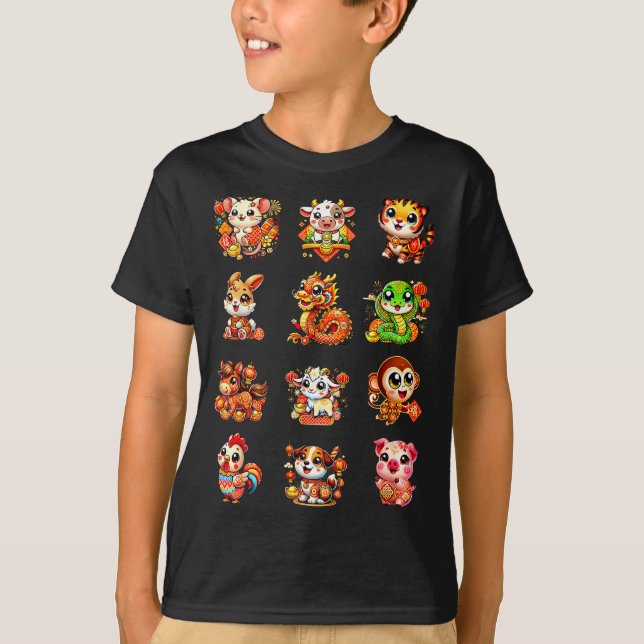 Chinese New Year Cute 12 Zodiac Animal Signs Lunar T-Shirt (Vorderseite)