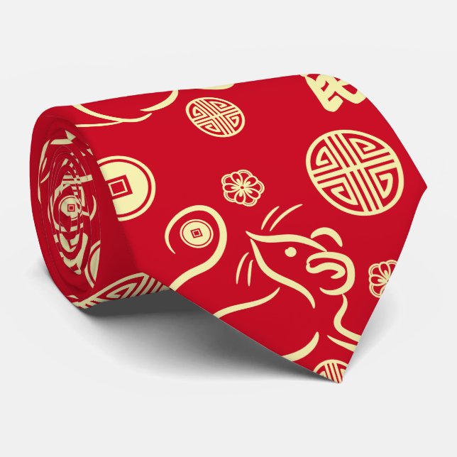Chinese New Year of The Rat Pattern - Red and Gold Krawatte (Gerollt)