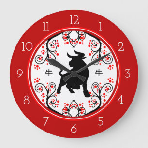 Chinese New Year Ox with Red Blossoms Große Wanduhr