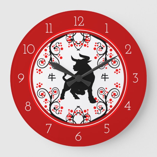 Chinese New Year Ox with Red Blossoms Große Wanduhr (Vorderseite)