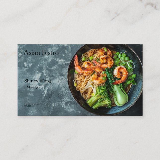 Chinese noodle bowl with spicy shrimp and veggies visitenkarte (Vorderseite)