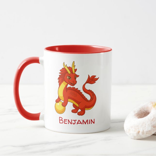 Chinese Red Dragon Custom Name Tasse (Mit Donut)
