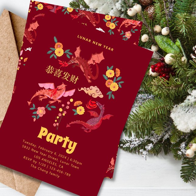 Chinese Red Lunar New Year Party Invitation Feiertagskarte (Chinese Red Lunar New Year Party Invitation)