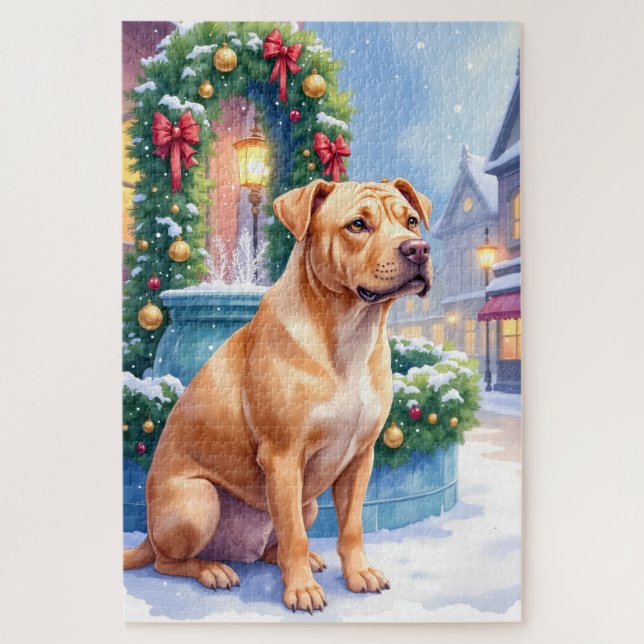 Chinese Shar-Pei Snowy Town Fountain Christmas Art (Vertikal)