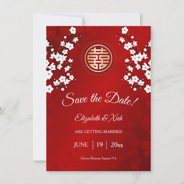 Chinese Wedding Double Happiness Cherry Blossom  Save The Date (Vorderseite)