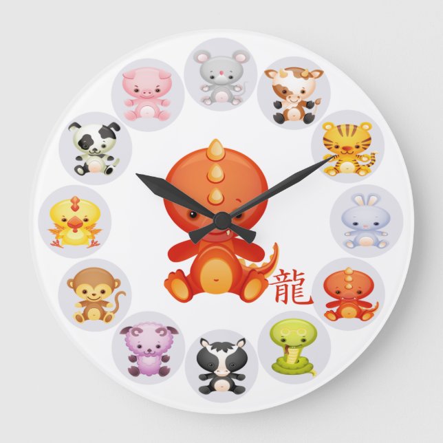 Chinese Zodiac Year of the Dragon Große Wanduhr (Vorderseite)