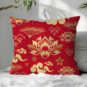 Chinesisch Asiatisch Orientalisch Rot Gold Lotus M Kissen