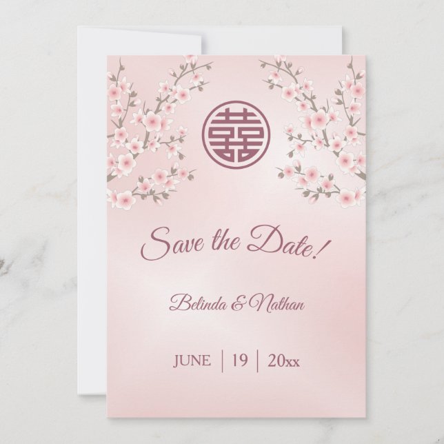 Chinesisch Hochzeit Dusty Pink Cherry Blossom Save The Date (Vorderseite)